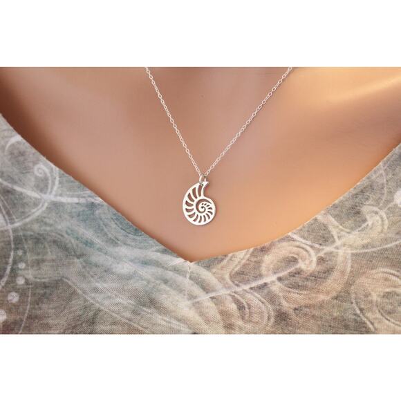 Sterling Silver Openwork Nautilus Shell Charm Necklace, Shell Pendant Necklace - Picture 1 of 3